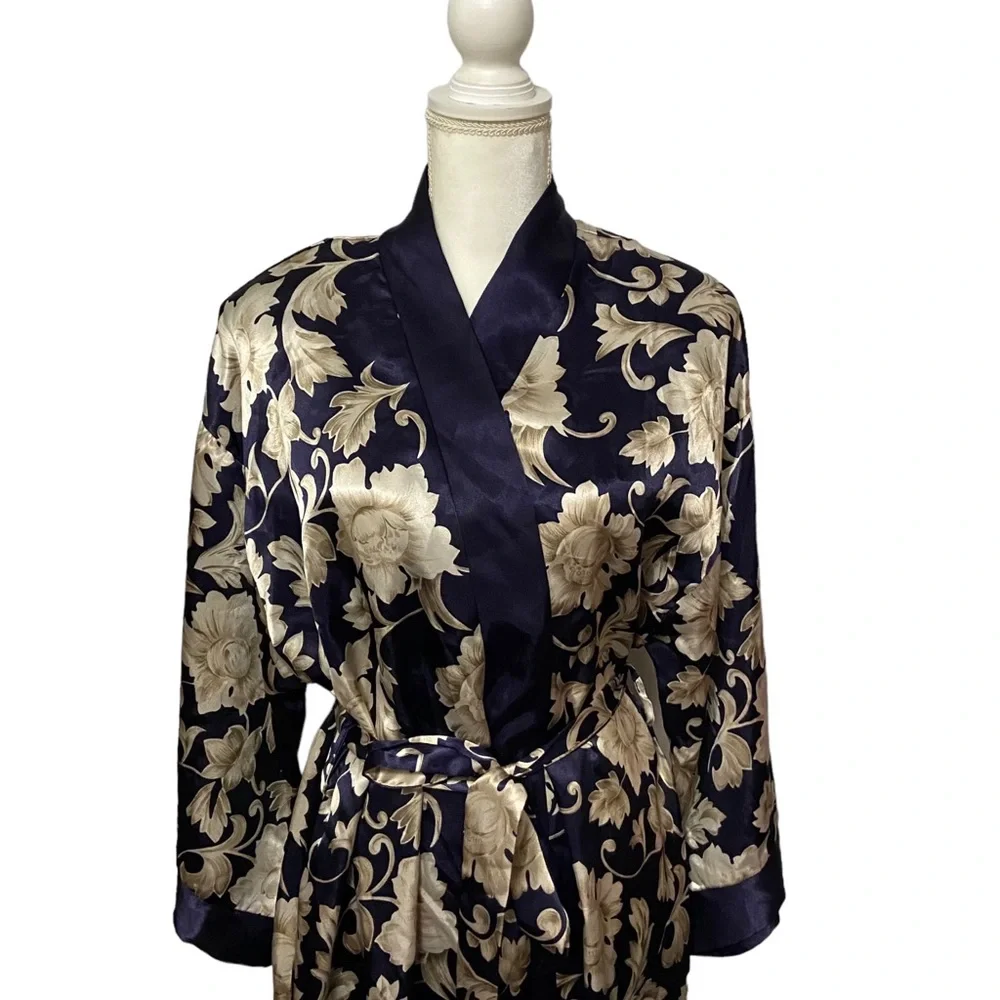 80’s VTG Adonna Kimono Satin Women’s Medium Floral Print Robe Navy Blue Romantic